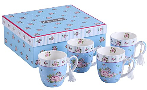 London Boutique Cups Mugs Set 4 Fine China Shabby Chic Vintage Retro Design in Gift Box 330ML (Rose Blue)