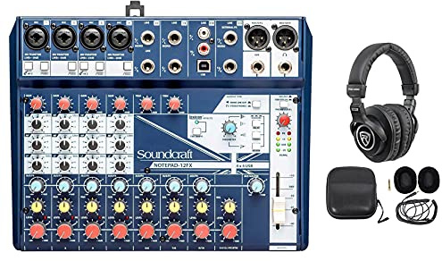 Soundcraft Notepad-12FX 12-Channel Mixer w/ 4x4 USB Interface with Lexicon Effects Bundle with Rockville PRO-M50 Studio Headphones w/Detachable Coil Cable, Case with Extra Ear Pad