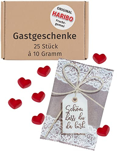 von Rafenstein - Hochzeitsgeschenk für Gäste - Fruchtgummiherzen 25 x 10g - Schön, dass du da bist - als Gastgeschenke Hochzeit und Vintage Hochzeitsdeko - Gummibärchen Hochzeit, Mitgebsel