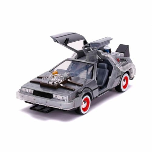 Jada Toys Tillbaka till framtiden 3, DeLorean DMC-12 modellbil, 1:24, tidsmaskin, med ljus- och hjulfunktion, vingdörrar, många detaljer, silver