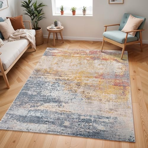 Livabliss Sarasota Wohnzimmer modern – Abstrakt Design in Marmor Optik für Wohnzimmer 160x213 cm, Esszimmer, Schlafzimmer - Marmor e groß, weicher Kurzflor in Blau, Senfgelb, Rost