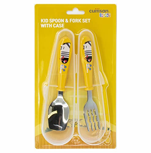 Cuitisan Infant - Juego de cuchara, tenedor y cubiertos para niños, de acero inoxidable, con caja de almacenamiento, utensilios para niños, cuchara de aprendizaje, para casa y viajes (amarillo)