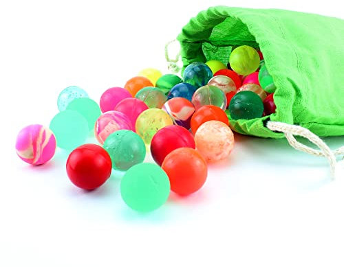 Flummix - 100 bunte Flummis im grünen Baumwollbeutel mit Kordeln - Ã˜ 20 mm