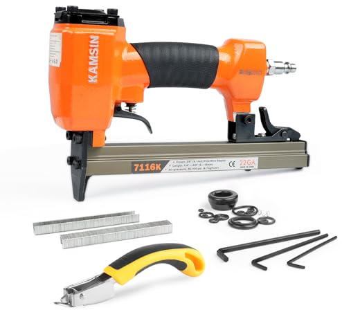 KAMSIN 7116K 22 Gauge 71 Series Pneumatic Upholstery Stapler, 3/8-inch(9.0mm) Crown Fine Wire Tool, 1/4-inch to 5/8-inch(6-16mm) Leg Length Air Upholstery Staple Gun for Furniture Upholstering
