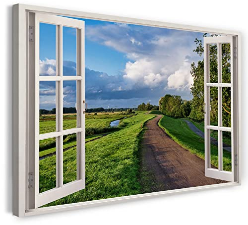 Printistico Bilder Fensterblick 80x60cm Baumwoll-Leinwand auf Keilrahmen mit Aufhänger moderner Kunstdruck XXL Wandbilder Wand-Dekoration Landschaft Straße Natur Sommer Wolken - Natur-Fotografie