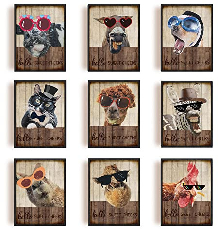 INFUNLY Set Mit 9 lustigen Tier-Wand-Kunstdruck Land Vintage Esel Mit Brille Wandposter Gemälde Ungerahmt Bunte Tiere Wandkunst Für Schlafzimmer Küche Wohnzimmer Badezimmer Zuhause