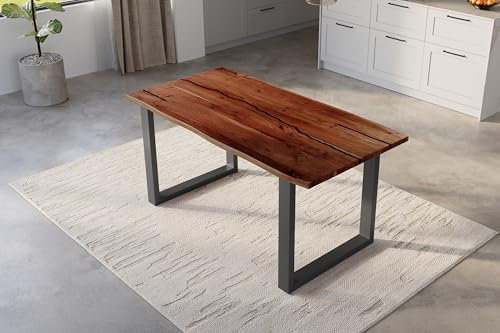SAM Baumkantentisch 120 x 80 cm Polly, Epoxidharz-Adern in Schwarz, Akazienholz massiv + nussbaumfarben, Esstisch mit U-Eisengestell Schwarz, Tischplatte 26 mm, Esszimmertisch mit echter Baumkante