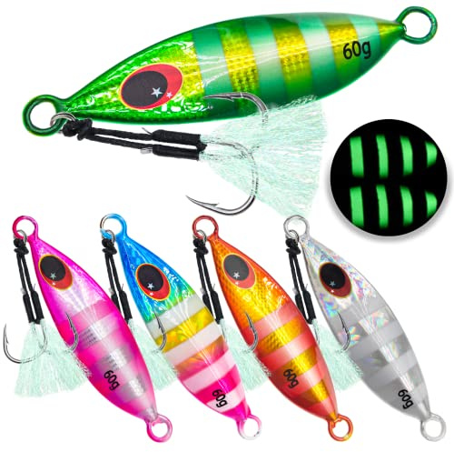 Gefischtter 5pcs Fishing Jigs Saltwater Fishing Lures Vertical Slow Pitch Metal Jigging Spoon with Assist Hooks Jig Hooks Sea Fishing Jigging Lure Glow Lead Jigs for Tuna,Bass,Dogtooth,Grouper