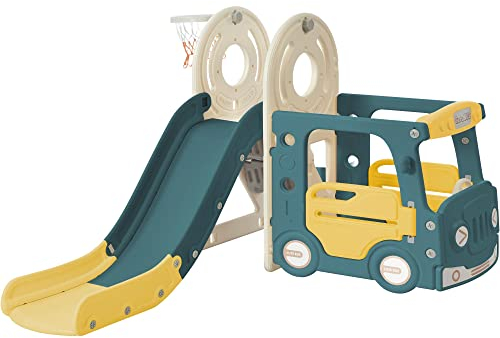 Merax Scivolo 4 in 1 per bambini con cestino da basket, set autobus con scivolo e scaletta per interni ed esterni, parco giochi per bambini, scivolo da giardino, facile da montare, verde e giallo