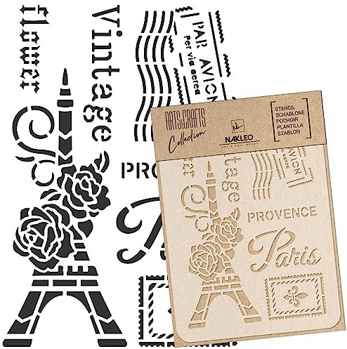 NAKLEO Malschablone für Handwerk A3 30x42cm, Paris Postkarte Frankreich Muster, Wiederverwendbare Kunststoff DIY & Scrapbooking Zeichenschablone, Decoupage Kunst Vorlage, Wand Stoff Möbel Holz