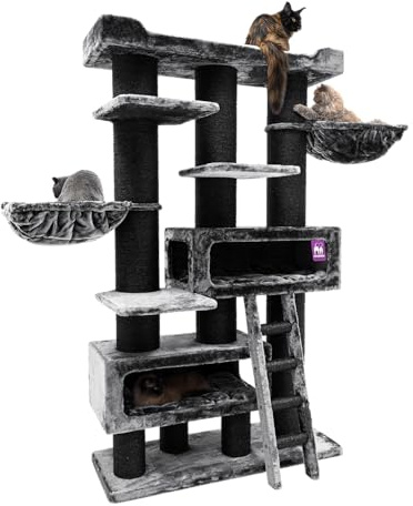 Petrebels XXL Kratzbaum Maine Coon Dicke Stämme, Siberian 200 cm, Schwarz | extrem stabil, 2 Meter hoch, für schwere und große Katzen, Ø 20 cm Stamm, mit Hängematten, Schlafhöhlen & dicke Bodenplatte