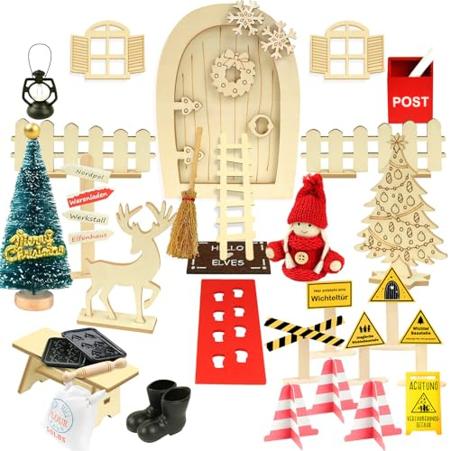 Raoclay Wichteltür Komplettset, Wichteltür Set Zubehör, Miniatur Wichtel Zubehör Weihnachten Set mit DIY Baustelle, Weihnachtswichtel Tür Nissedor Feentür, Weihnachtsdeko Holz Wichteltür für Kinder