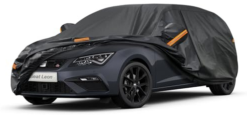 Kayme Autoplane Wasserdicht Atmungsaktiv für Seat Leon (1999-2025), 7 Schichten Vollgarage Autoabdeckung für Regen Sonne Staub Schutz Verkratzt, Autoabdeckung mit Reflektierenden Streifen.