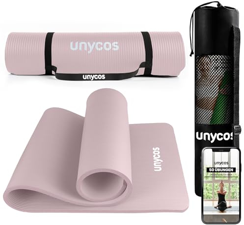 unycos - Gymnastikmatte - Yogamatte Rutschfest【183x60 cm】NBR 15 mm Dicke | Inkl. Tragegurt und E-Book mit Übunge, Sportmatte Ungiftig für Fitness, Pilates & Gym, Home Sport (Rosa)