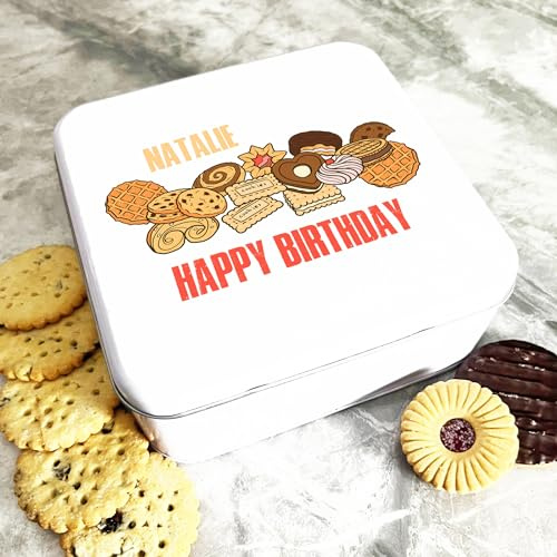 Fingerprint Designs Square Cookies Selection Happy Birthday Personalised Biscuit Tin Personalised Gift | Custom Gift | Personalized Tin | Cake, Biscuit & Treat Tins | 16.5 x 16.5 x 6.5 cm
