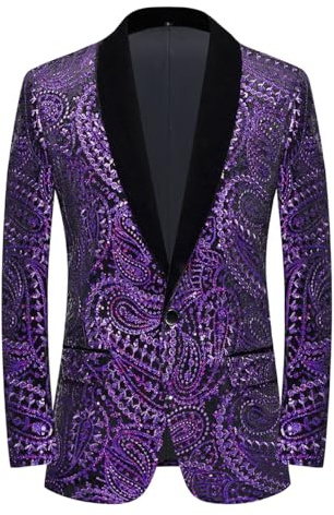 PYJTRL Men's Shiny Sequins Suit Jacket Classic Floral Suit Jacket Fashion,Suitable for Parties,Weddings,Banquets,Proms,Purple,L