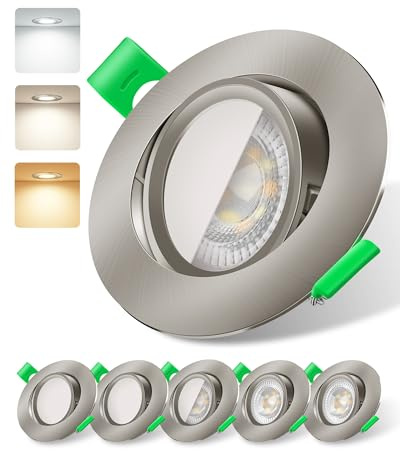 ALUSSO LED Einbaustrahler 230V Dimmbar | 75–78 mm 45° neigbar 6W 540lm, 3000K Warmweiß 4000K Neutralweiß 6500K Kaltweiß für Küche, Höhe 2,5 cm, Nickel, 6er Set