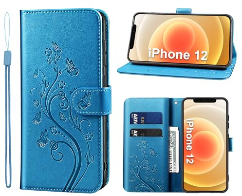 KRAFTCARE Lederhülle kompatibel mit iPhone 12 Hülle, Flip Wallet 12 Pro Handyhülle mit Kartenfach Ständer Premium PU Leder Klapphülle Schutzhülle für iPhone 12/12 ProBlau | Premium PU Leder mit Prägung, Kartenfach, Ständer, Magnetic Closure, RFID Blockierung, Flip Wallet Handyhülle, Blau