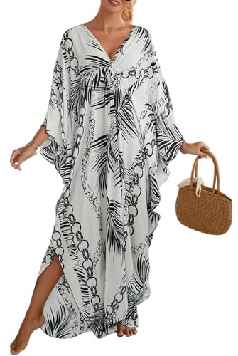 QTUN Kaftan Femme Robe de Plage Boheme Grande Taille Longue Col en V Cache Maillot de Bain Maxi Kimono Été Vêtements de Détente Surdimensionné Maillot de Bain Plage Peignoirs de Protection