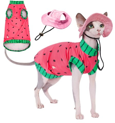 Sphynx Katzen-Wassermelonen-Shirt und Sonnenhut für den Sommer, kühlend, atmungsaktiv, LSF 50+, Shirt für Katzen und kleine Hunde, Bekleidung, Hemd und Mütze, Set für Katzen (L (2,5–3,6 kg)