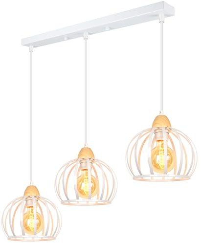 iDEGU 3 Luces Lámpara Colgante Vintage Lámpara de Techo en Madera y Metal Industrial Lámpara de Araña Diseño Jaula Retro Iluminación E27 Luz Colgante para Sala de Estar Cocina Salón (Barra, Blanco)