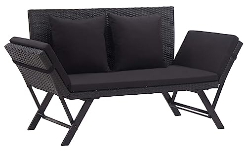 Makastle Gartenbank Beide Seiten Sind Verstellbar Tagesbett Sonnenliege Gartensofa mit Auflagen & klappbaren Armlehne, Balkonbank aus Poly Rattan, Sitzbank für Garten & Balkon, (130-176) x 70 x 80 cm