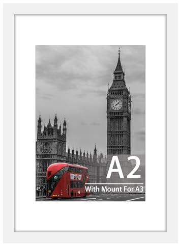 Tinkeps Cadre photo A2 blanc - Bois d'ingénierie et plexiglas - Avec passe-partout A3 pour impressions A2/A3, photos et affiches - Fixation murale - Cadre pour affiche A2 (42 x 59,4 cm)