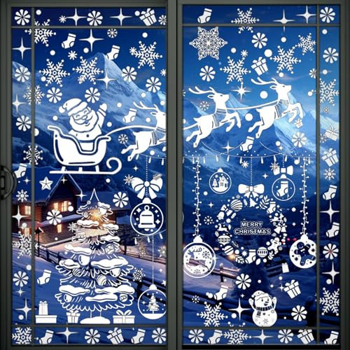 AYNKH 201 Autocollants de Fenêtre de Noël,6 Feuilles d'Autocollants de Fenêtre de Noël Réutilisables avec le Père Noël, l'Arbre de Noël,Autocollants de Fenêtre Double Face pour les Décorations de Noël