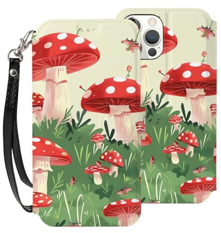 DCEHGEW Cartoon Mushrooms Wallet Case for iPhone 12-6.1 inch PU Leather Flip Phone Case Shockproof Wallet Phone Cover Protector with 3 Card Slots Holders and Wrist Strap White