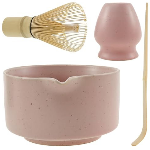 4 Pcs Matcha Whisk Set Matcha Tea Set Matcha Bowl and Whisk Bamboo Scoop Whisk Holder 500ml Ceramic Bowl with Pouring Spout Reusable Matcha Making Kit for Tea Drinking (C)