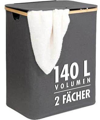 Wäschekorb | 140 Liter | 2 Fächer | mit Deckel und Bambus-Rahmen | Wäschesammler mit 2x Wäschesack zum herausnehmen | grau-anthrazit | ca. 57x37,5x67 cm | faltbar