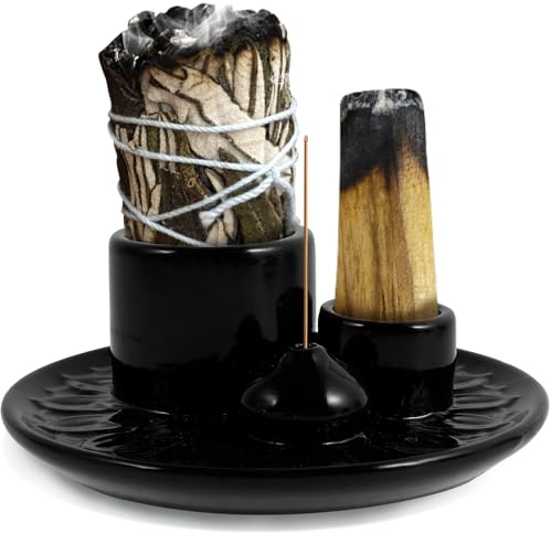Sutowe Porte-encens Palo Santo 4 en 1 avec Récupérateur de Cendres en Céramique de 13cm pour Maison Bureau Salle de Yoga(Noir)