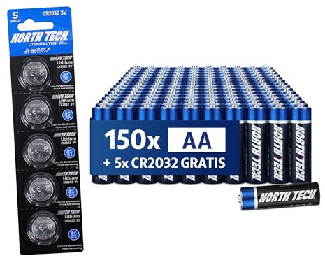 North Tech AA Ultra Alkaline Batteries - Pack of 150 + 5 x CR2032 Free | Durable, Leak-proof & High Performance | 1.5 V Power Source for Devices with High Consumption | 10 Year Shelf Life