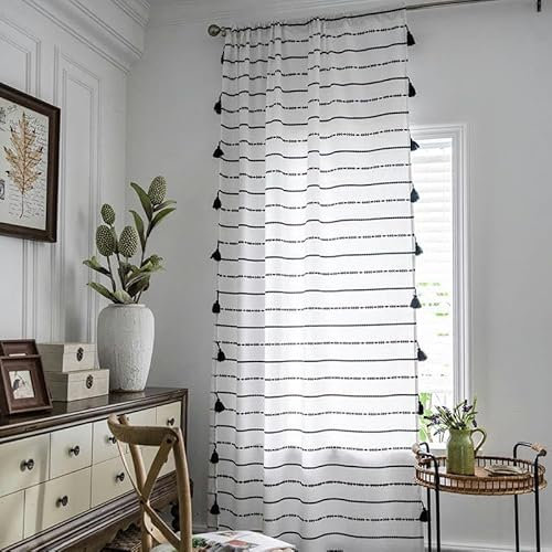 WDCDYQDH 46–300 cm Schwarze Streifenvorhänge für das Wohnzimmer, Stangentasche mit Quaste, Baumwollleinenvorhänge (Schwarz 132 x Höhe 220 cm)