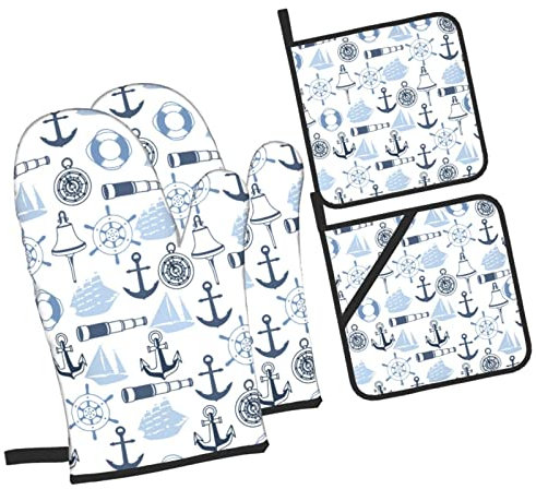4 Pezzi Set Di Presine Da Cucina Marine Anchor Compass Ship Guanti Da Cucina Divertenti Morbida Guanti Forno Per Griglia, Microonde, Grigliare