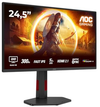 AOC Gaming Q25G4SR - Monitor Quad HD de 25 Pulgadas, 300 Hz, 1 ms, FreeSync. Premium, G-Sync, HDR400 2560 x 1440, 2 HDMI 2.1, DisplayPort 1.4, Negro-Rojo, 25 Inch QHD IPS