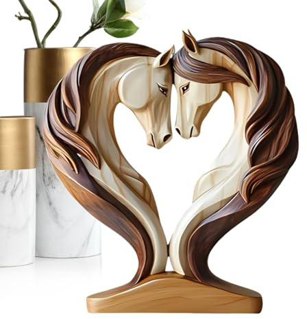 Gungtj Statua di cavallo, statuetta di cavallo in legno, 18 x 20 cm, scultura artistica con animali in, ornamento artigianale per posto di lavoro, ingresso, asilo, mensola del soggiorno