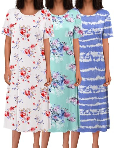 Ekouaer Nightgowns for Women 3 Pack Short Sleeve House Dress Ladies Long Nightdress Soft Ladies Nightshirt