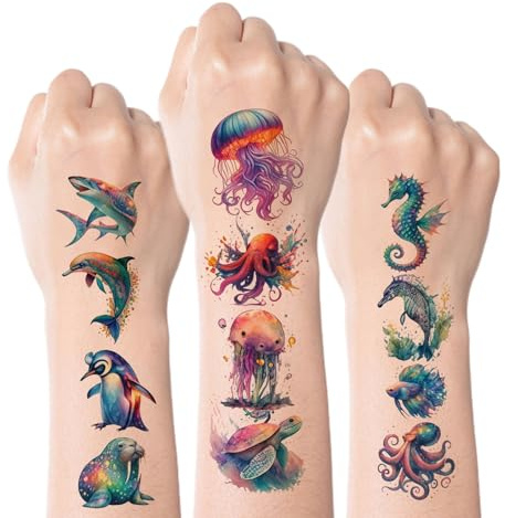 Kotkiddy 67 Stück Wasserfarben Ozean Tiere Temporäre Tattoos Kinder Jungen Mädchen Partydeko Mitgebsel Geschenk Sticker für Geburtstag Feier Strand Pool