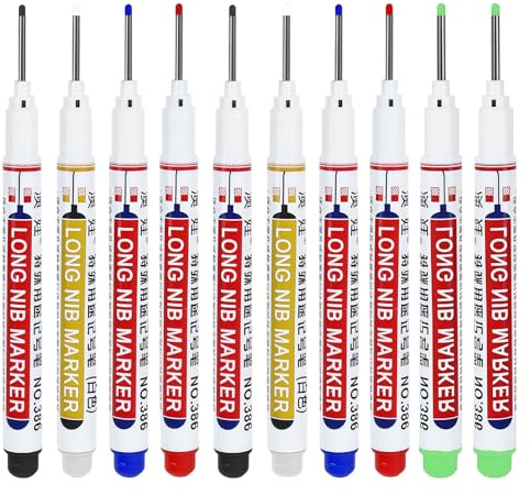 Omeblos 10Pcs Long Nib Marker Pen, Deep Hole Marker Pens, Waterproof Construction Markers, 22 mm Long Head Deep Hole Marker Pen Multi-Purpose for Woodworking and Carpenters Builders Hardware