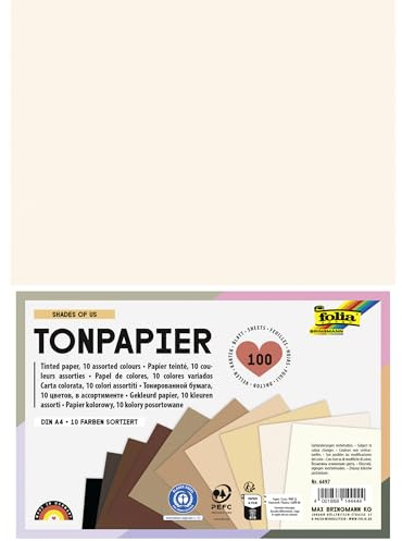 folia 6497 - Tonpapier SHADES OF US, DIN A4, Block mit 130 g/m² Tonzeichenpapier, 100 Blatt in 10 Farben, zum Basteln, Verzieren und Dekorieren