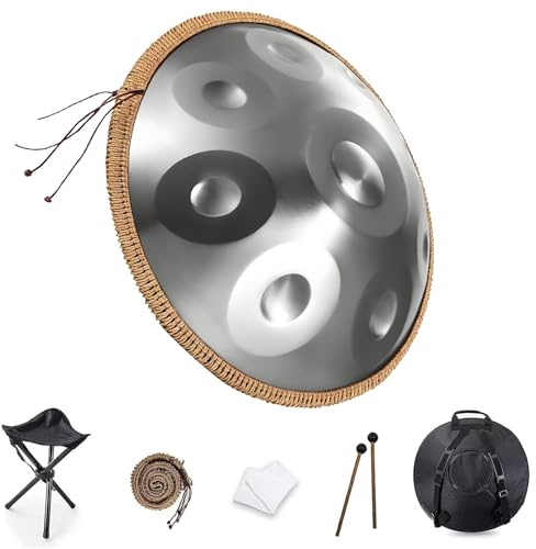 Handpan Music Instrument 432hz/440hz Handpan Drum Mit Ständer, Tasche, Schlägeln 9/10/12 Töne 560mm Stahlzungentrommel für Sound Healing, Meditation(Silber,432HZ/10Hinweis)