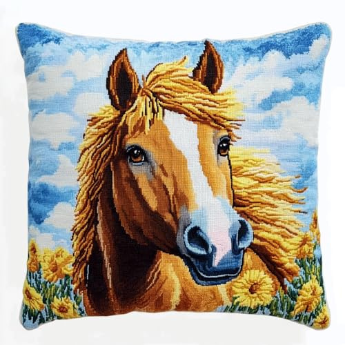 AMBATTERY KnüPfkissen Set Tier Pferd Kissenbezug Teppich Stickerei Set KnüPfset KnüPfbild FüR AnfäNger, Erwachsene, Kissen Zum Selber Knüpfen 43x43cm