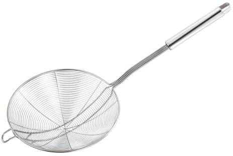 SHINEOFI Schiumarola in Acciaio Inox 14 CM con Doppio Filtro a Spirale Mestolo Colino Scolapasta per Pentole Calde Manico Ergonomico Resistente e Appendibile Utensile Cucina per