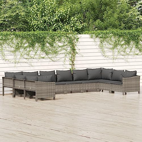Mokuyary 10-TLG. Garten-Lounge-Set mit Kissen Grau Poly Rattan Gartenmöbel Set, Outdoor Balkonset Terrassenmöbel, Gartenlounge Sitzgruppe für Terrasse, Balkon, Garten -B