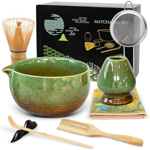 Matcha Kit 8 Piezas - Kit Té Matcha Completo con Tazón de Matcha con Pico, Batidor de Bambú (Chasen) y Accesorios Completos, Perfecto para Ceremonias Japonesas y Lattes Caseros (Matcha Verde)
