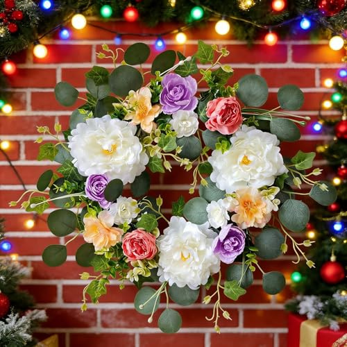 Türkranz Frühling mit LED Licht, 50CM Frühlingskranz Haustür Beleuchtet mit Eukalyptus Künstliche Blumenkranz Deko mit Lichterkette Rosa Blumen Kranz Frühling Osterkranz für Wand Hochzeit Heimdeko (A)