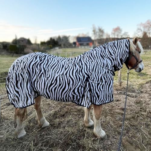 Brama-West Fliegendecke Zebra mit Halsteil für Pferde ZebraProtect - Pferdedecke gegen lästige Insekten mit Bauchgurten, Frontverschluss, Gehfalte und Schweiflatz - Atmungsaktive Insektendecke (175)