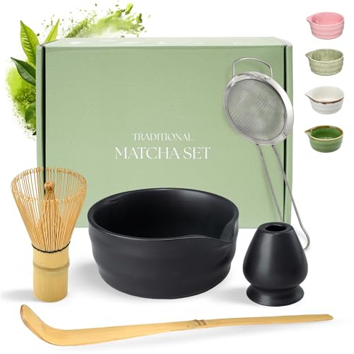 Matcha teset med keramikskål, bambuvisp med stativ, sked och sil, traditionell japansk teservis för matcha latte och ceremoni, svart