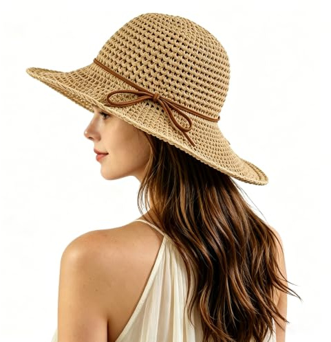 FuncHardwa Chapeau de paille pliable pour femme - Chapeau de plage en paille souple pour les voyages de vacances